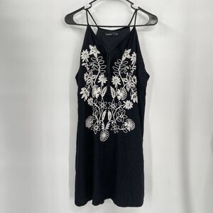 Hering G/L‎ Mini Dress Womens Black White Floral Embroidered Boho Tassel Halter